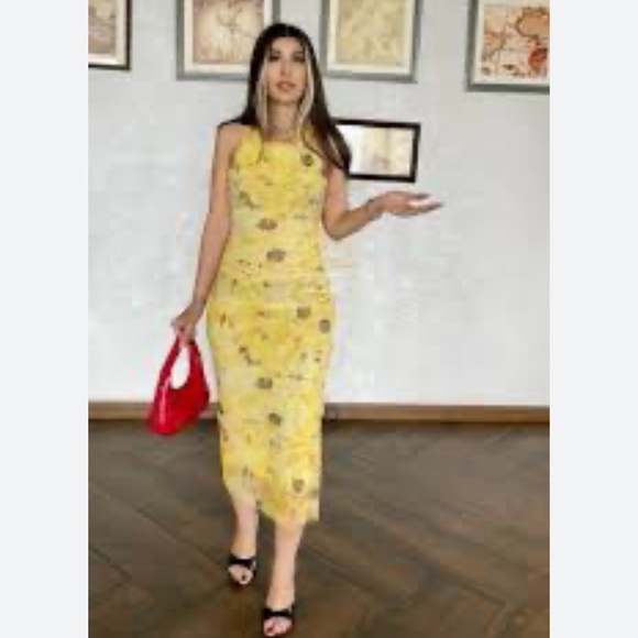 Zara yellow floral mesh criss cross back midi dress BLOGGERS FAVORITE!! NWT - Picture 4 of 7